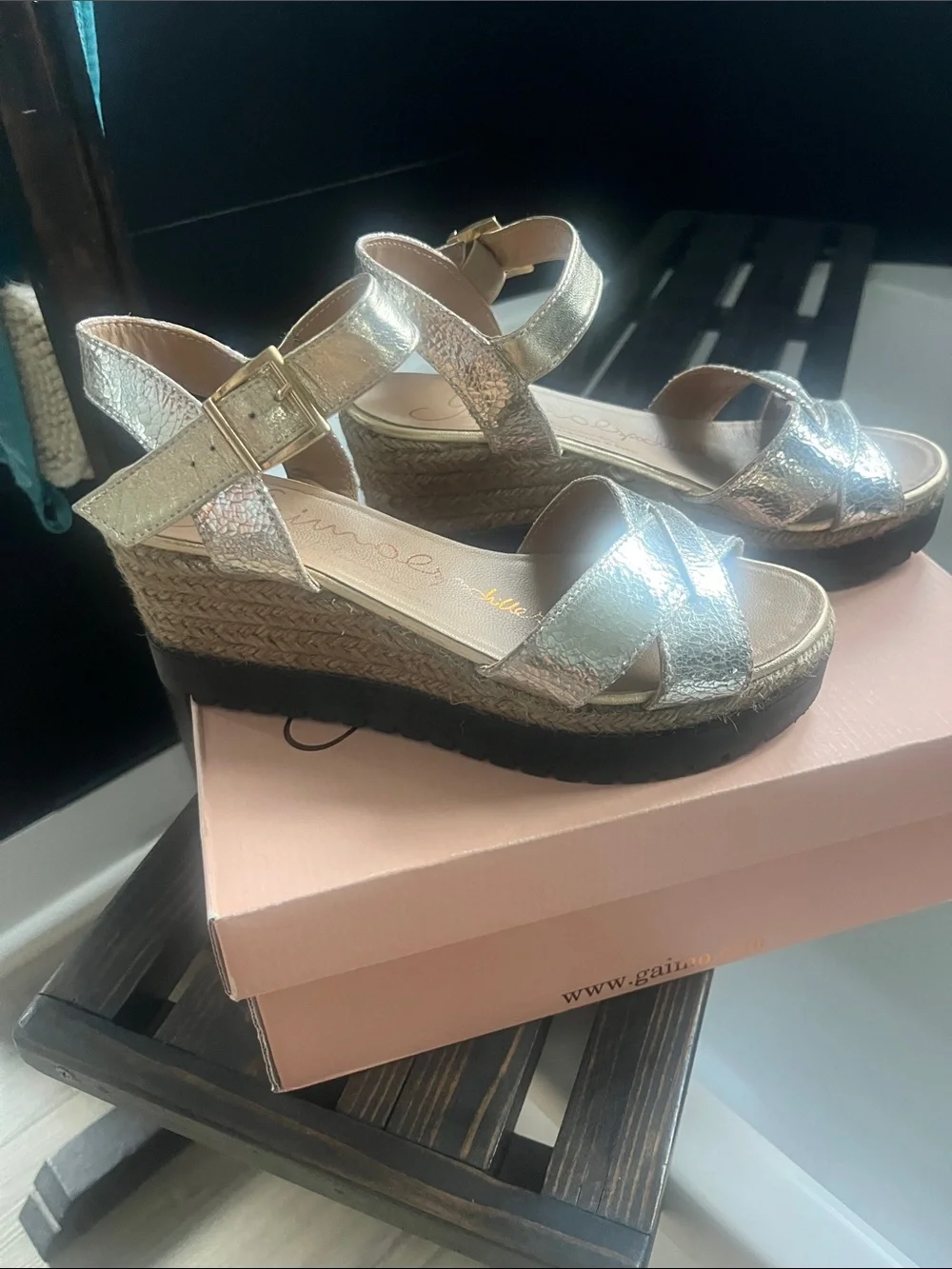 Silver Leather Espadrille Wedge Sandals - Metallic Silver